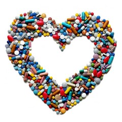 Obraz premium Lot of colorful medical pills forming a big heart shape on white background