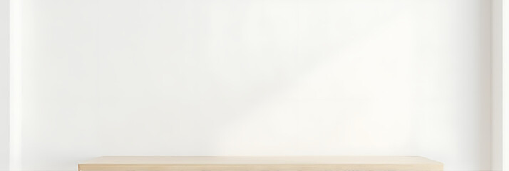 Simple wood table sits atop a crisp white wall with a clear glass backdrop in a minimalist setup._00002_