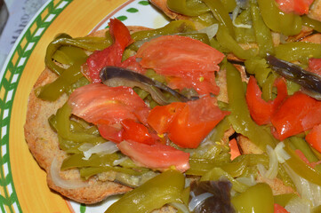 Friselle, bruschette con peperoni, melanzane e cipolla grigliate