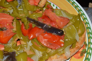 Friselle, bruschette con peperoni, melanzane e cipolla grigliate