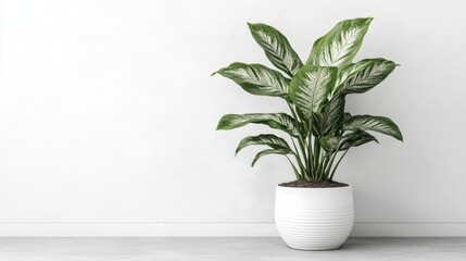 Obraz premium Green Leafy Plant in Modern White Pot on Clean Minimalist Surface