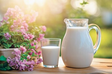 Refreshing milk in a garden setting with blooming flowers during golden hour