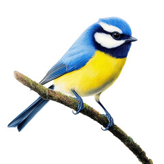 Fototapeta premium Blue Tit bird perched on a branch isolated on white background wildlife colorful plumage feather ornithology avian fauna animal kingdom nature conservation zoology beautiful vibrant bright colorful