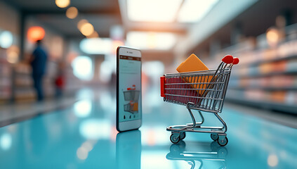 Shopping concepts online use mockup trolleys and smartphones to visualize purchases in a digital ecommerce marketplace model._00002_