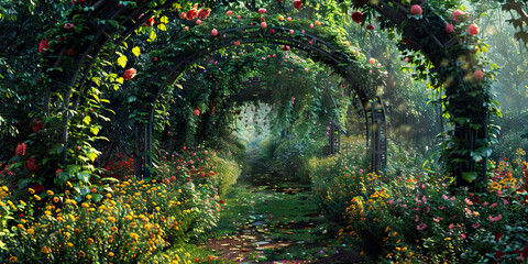Garden Path with Flower-Covered Arbors