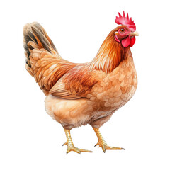 Fototapeta premium Brown hen chicken poultry bird fowl standing isolated on white background farm animal livestock agriculture natural organic food healthy diet protein meat Easter decoration symbol feather beak comb