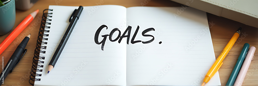 Poster setting new year goals is made easier by writing them down in a notebook with helpful office supplie