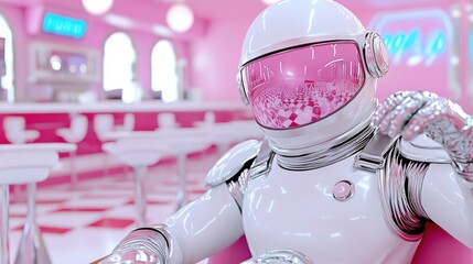 Person in metallic spacesuit enjoying time in retro diner filled with neon lights and checkered floors