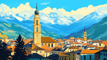 Illustration, Cityscape of Brixen, Bressanone in Italy, Italian alps. Touristic advertisement poster. Promotional touristic poster. Beautiful city in Italy. Must-see tourist travel destination. Mediev