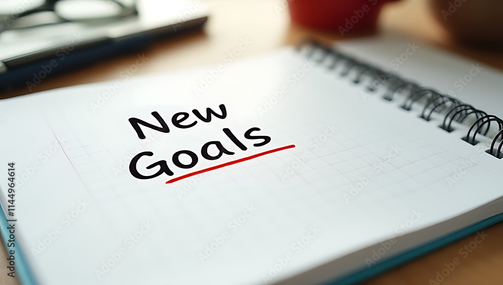 Aufkleber setting business goals for the new year involves planning and taking action using a notepad and rele