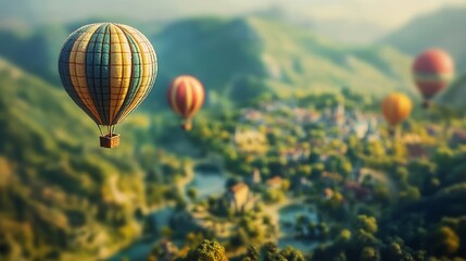 Fototapeta premium A bunch of hot air balloons are flying over a city. There are four balloons in total. One of them is yellow and blue, another is red and yellow, and the third is red and green