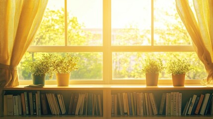 Fototapeta premium Bright Cozy Window with Potted Plants and Bookshelf in Sunlight