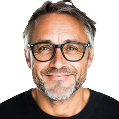 Obraz premium Portrait of a happy mature man with eyeglasses and graying hair wearing a black shirt smiling confidently against a white background showcasing authentic and approachable appearance ideal for