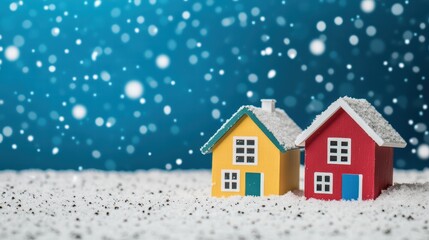 Colorful Miniature Houses Surrounded by Snowfall and Winter Atmosphere