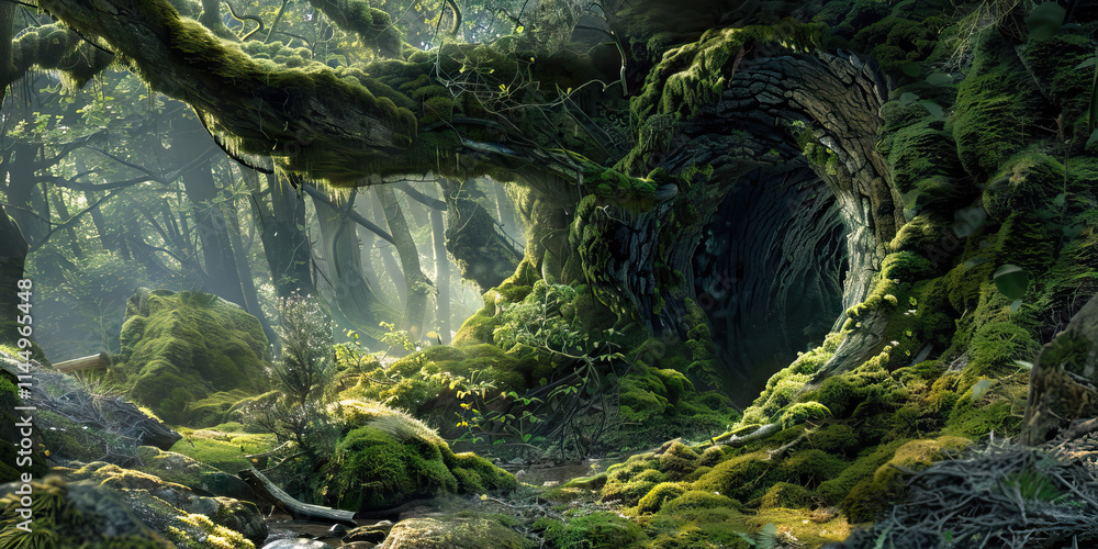 Poster moss-covered forest scene with stream and ancient tree roots