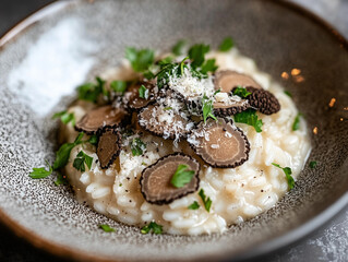 Elegant truffle risotto topped with fresh herbs and parmesan