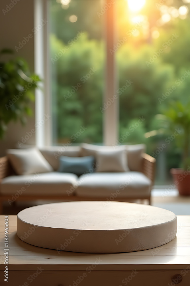 Poster Sandstone top product display platform features a living room and garden setting in the bokeh background._00003_