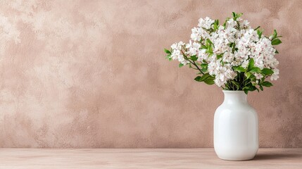 Naklejka premium White flowers in vase against textured wall.