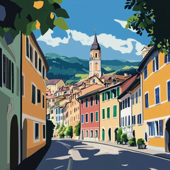 Naklejka premium Illustration, Cityscape of Brixen, Bressanone in Italy, Italian alps. Touristic advertisement poster. Promotional touristic poster. Beautiful city in Italy. Must-see tourist travel destination. Mediev