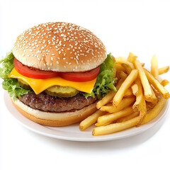 Crispy Fries and Juicy Cheeseburger, a Flawless Pairing Plated on a Pristine White Plate