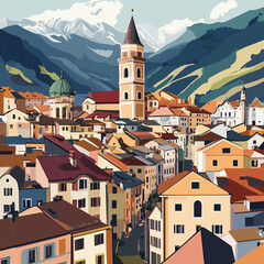 Obraz premium Illustration, Cityscape of Brixen, Bressanone in Italy, Italian alps. Touristic advertisement poster. Promotional touristic poster. Beautiful city in Italy. Must-see tourist travel destination. Mediev