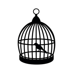 Silhouette of a bird in a cage, symbolizing confinement.