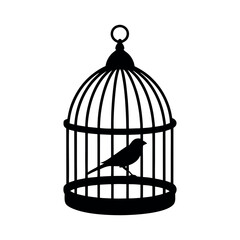 Silhouette of a bird in a cage, symbolizing confinement.