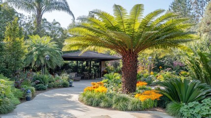 Obraz premium Lush Tropical Garden with Palm Trees and Vibrant Flower Beds