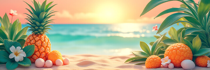 Relaxing summer getaway ideas feature vibrant tropical themes with exotic pineapple accents and pastel colors._00002_