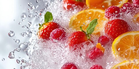  Bright mix of strawberries, raspberries, and orange slices submerged in bubbly water, accented by mint leaves, capturing refreshing essence of summer beverages or healthy lifestyle.