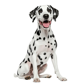Dalmatian dog sitting and panting isolated on white background playful happy purebred canine domestic animal pet portrait studio shot mammal adorable friendly spotted coat black and white fur