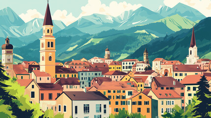Obraz premium Illustration, Cityscape of Brixen, Bressanone in Italy, Italian alps. Touristic advertisement poster. Promotional touristic poster. Beautiful city in Italy. Must-see tourist travel destination. Mediev