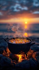 Mesmerizing sunset over a picturesque mountain lake with a crackling campfire and a pot of warm food simmering in the glow of the flames