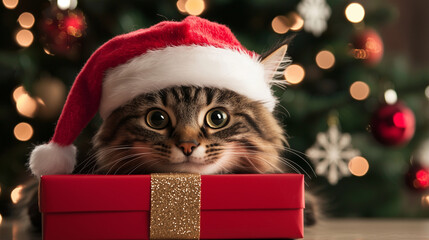 A mischievous tabby cat wearing a slightly oversized Santa Claus hat, its whiskers twitching as it...