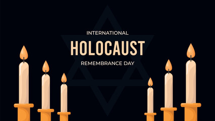 Horizontal Holocaust Remembrance Day on dark background.Web banner design with lit candles and David's star.