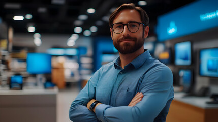 Fototapeta premium Store Manager Evaluates Display Compliance with Corporate Standards in US Electronics Store