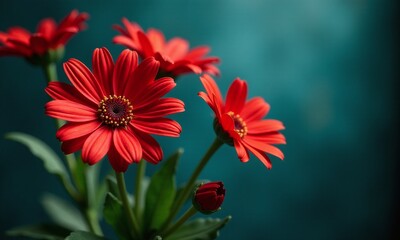Obraz premium Vibrant red daisies Moody teal background Close up
