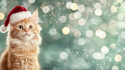 An orange tabby with a drooping Santa Claus hat, against a blurred background of sparkling green...