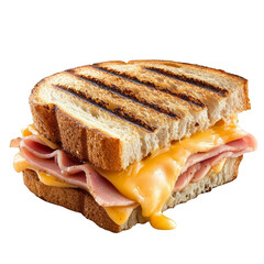 Toasted Ham and Cheese Sandwich with Melted Cheese Dripping Isolated on White Background Quick Meal Fast Food Breakfast Lunch Dinner Snack Comfort Food Delicious Tasty Grilled Sandwich American
