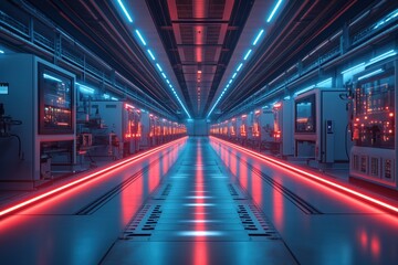 Obraz premium Long, futuristic corridor illuminated by vibrant blue and red lights, leading to a central point. Rows of advanced servers and equipment line both sides of the corridor