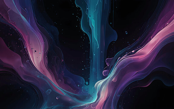  Uma obra de arte decorativa com formas fluidas abstractas feitas de cores hologr&aacute;ficas - gradientes suaves de azul, roxo, rosa e prateado - sobre um fundo escuro de alto contraste. As formas parecem 