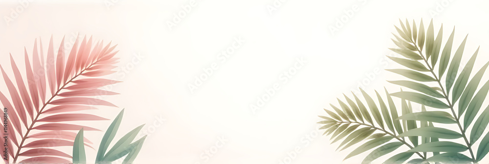 Poster pastel colored tropical leaves on a clean background providing ample space for text overlay or desig