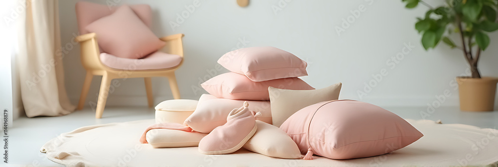 Aufkleber pastel colored clothing items are placed on a clean house background with minimal furniture to show 