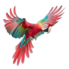 Obraz premium Scarlet Macaw Parrot Flying Isolated on White Background Colorful Bird Freedom Wildlife Animal Nature Ornithology Tropical Rainforest Exotic Plumage Wings Spread Beautiful Scarlet Macaw in Flight