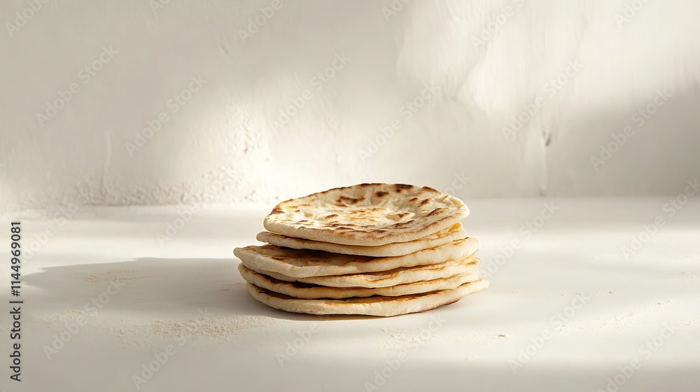 Poster small stack of flatbreads displayed on clean white background under diffused natural light