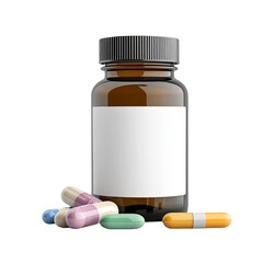 Amber Medicine Bottle with Blank Label and Assorted Capsules Health Wellness Pharmaceuticals Medical Treatment Healthcare Pharmacy Prescription Drugs Medication Pill Capsules Isolated on White