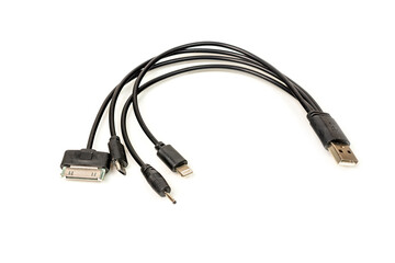 Electronic cable for connecting various devices and equipment close-up on a white background, copy space, inscription space