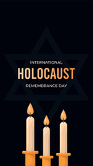 Vertical Holocaust Remembrance Day on dark background.Web banner design with lit candles and David's star.