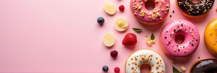 orful donuts sit atop a soft pastel background, surrounded by various edible toppings, inviting a sweet yet healthy snacking experience together._00002_