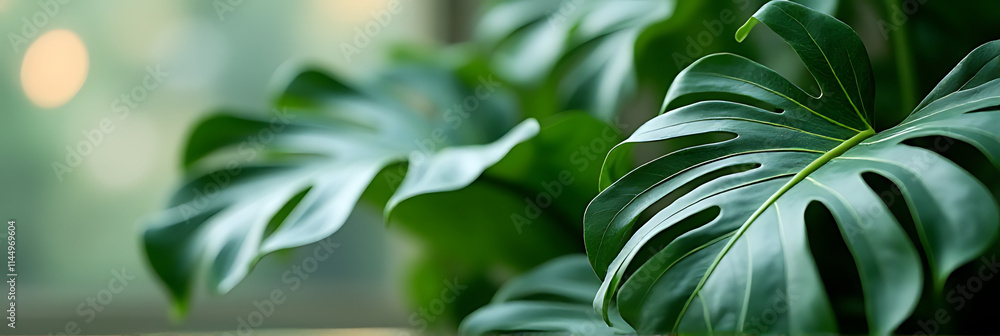 Poster onstera leaves in selective focus create a tropical and botanical decoration design background with their natural pattern and white color accent._00002_